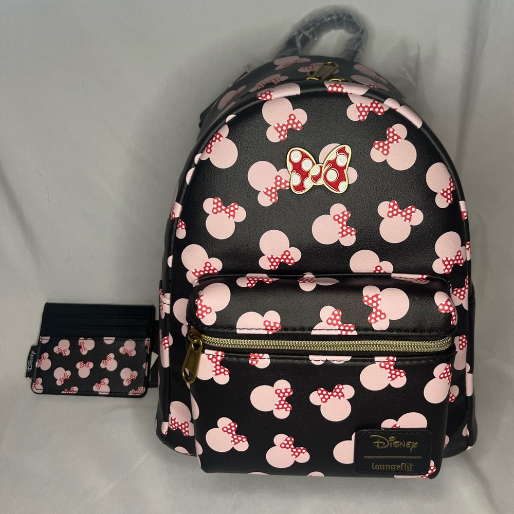 Loungefly Disney Minnie Mouse Pink Heads Mini Backpack and Cardholder